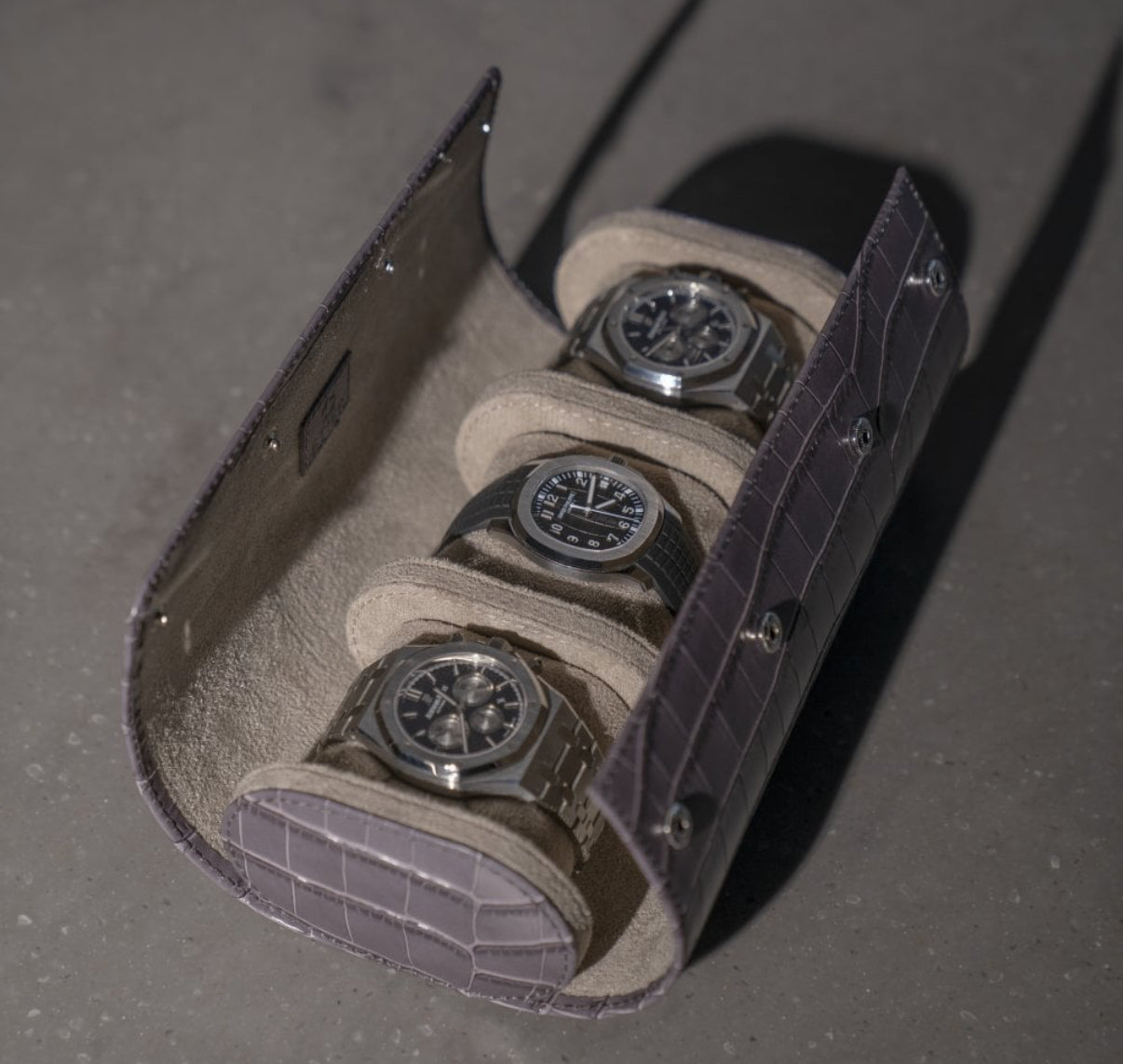 ETIER VERDI TRIPLE WATCH ROLL CROCODILE LEATHER - GREY