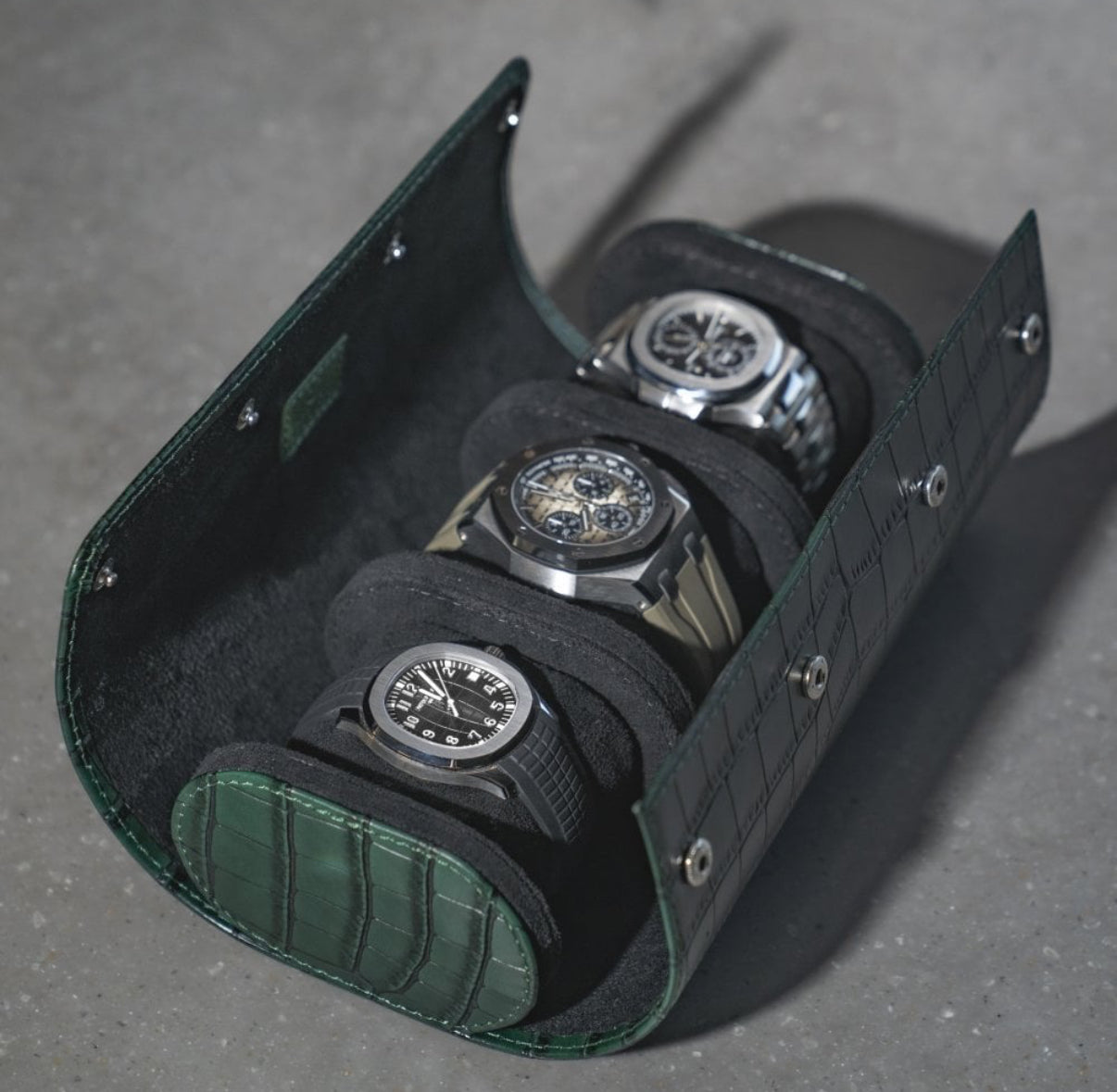 ETIER VERDI TRIPLE WATCH ROLL CROCODILE LEATHER - GREEN