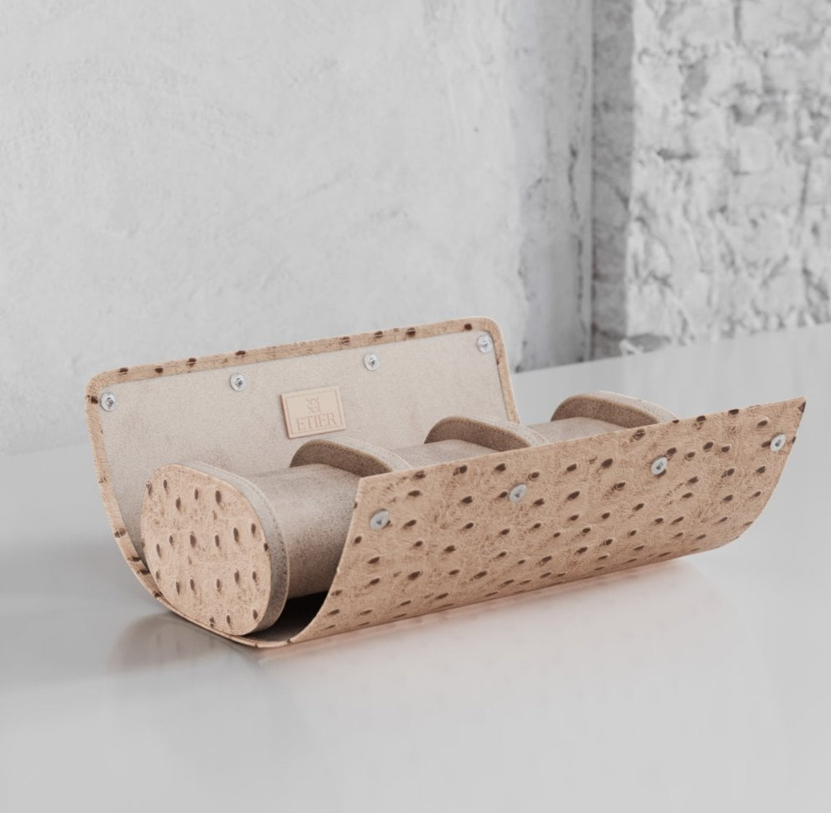 ETIER GUSTO TRIPLE WATCH ROLL OSTRICH LEATHER - LIGHT CAPPUCINO