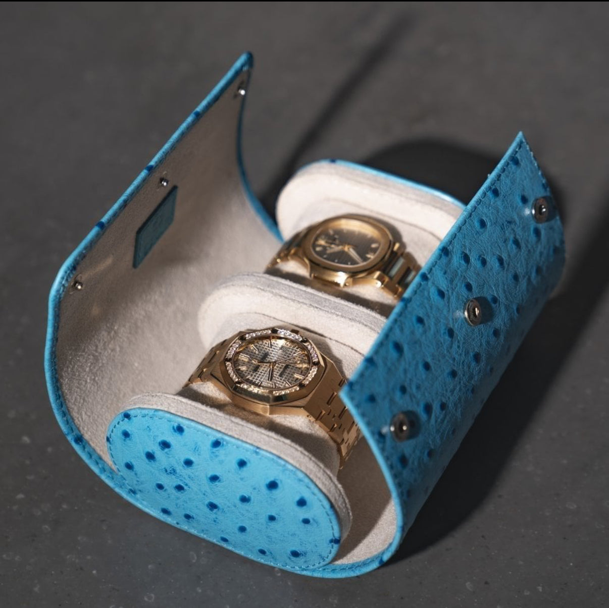 ETIER GUSTO DOUBLE WATCH ROLL OSTRICH LEATHER - AQUA