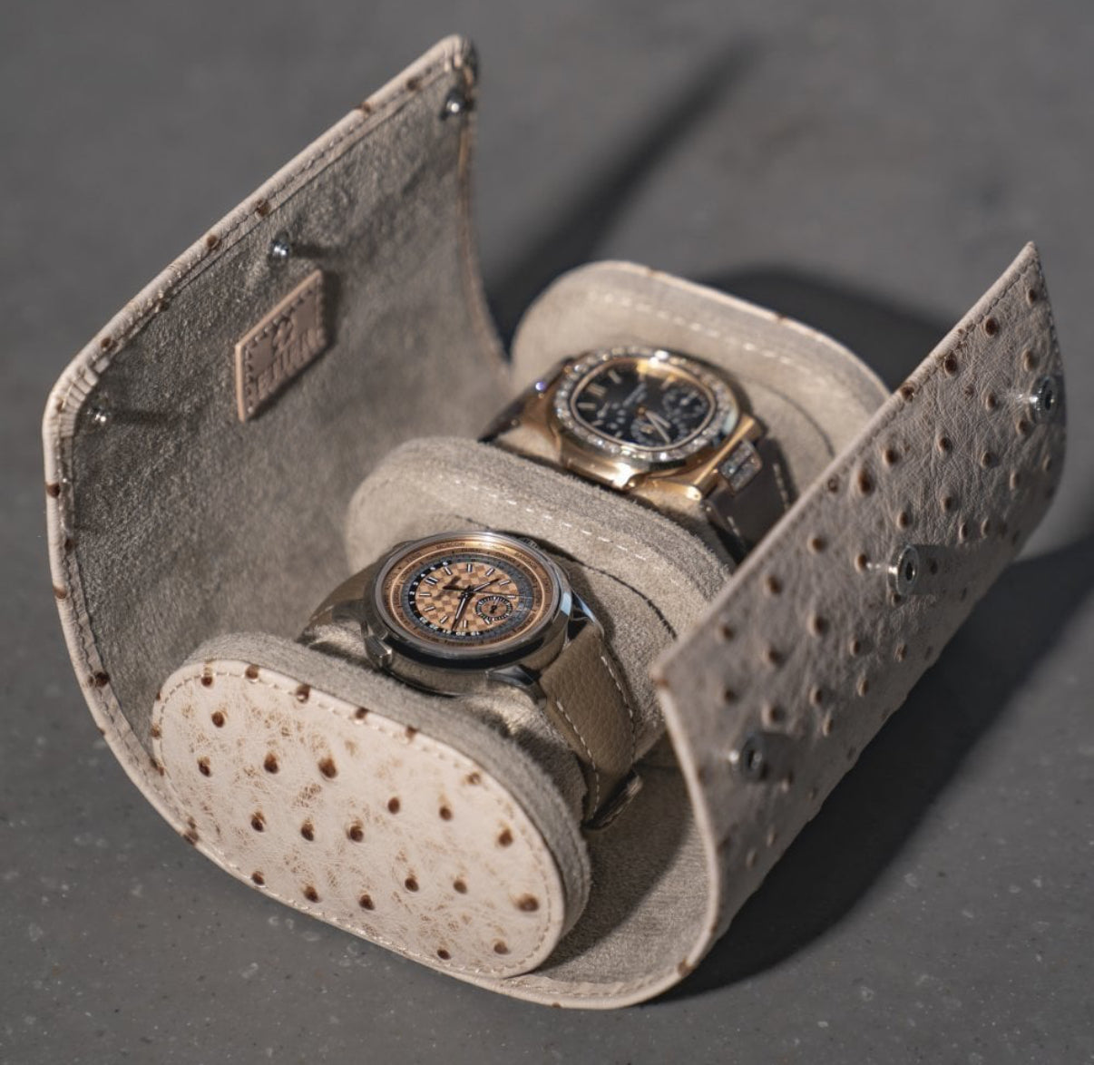 ETIER GUSTO DOUBLE WATCH ROLL OSTRICH LEATHER - LIGHT CAPPUCINO