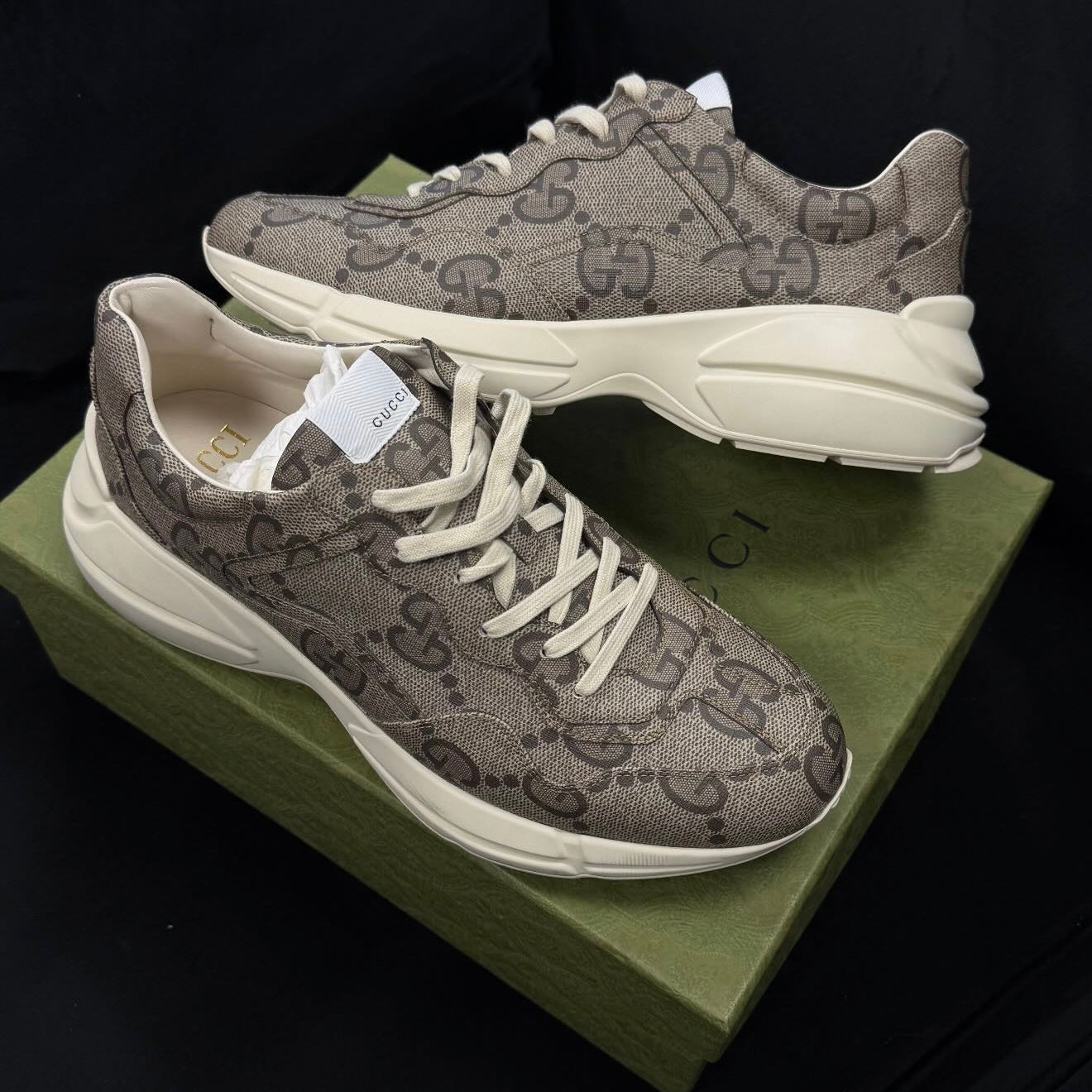 (PRE-OWNED) GUCCI RYTHON 100 MONOGRAM TRAINERS - BEIGE