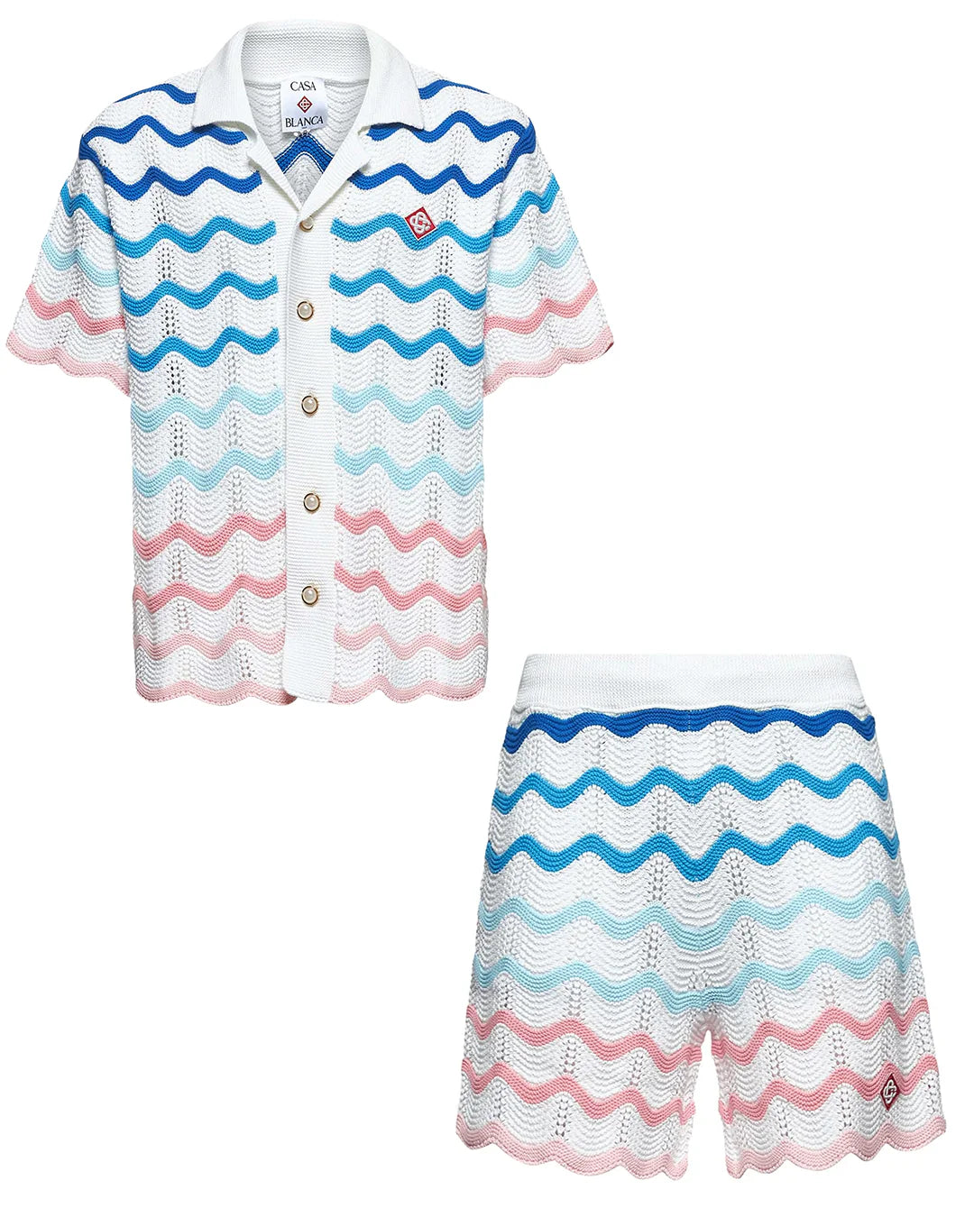 CASABLANCA GRADIENT WAVE CROCHET SHIRT & SHORTS SET - WHITE