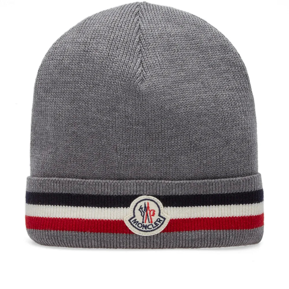 MONCLER TRICOLOUR LOGO BEANIE GREY